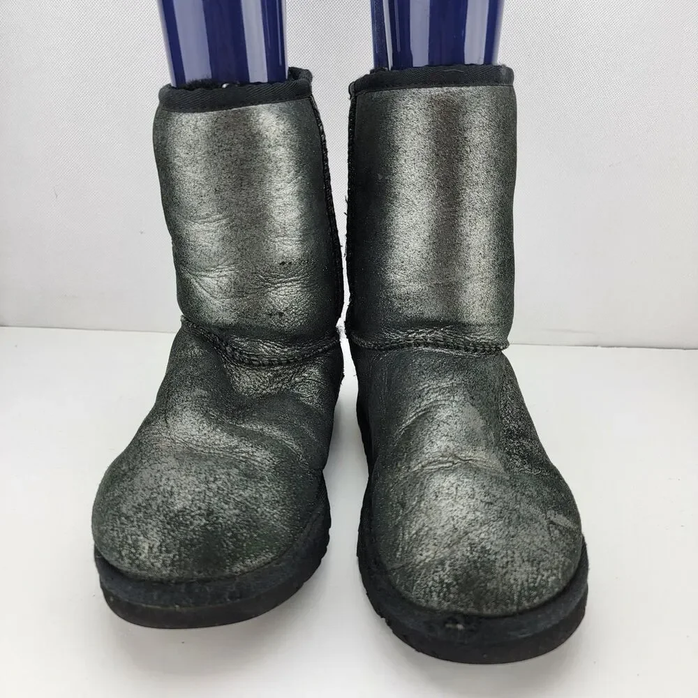 UGG Big Girls Size 6 Black Silver Sparkle Classic Glitter Boots Shoes 1000792